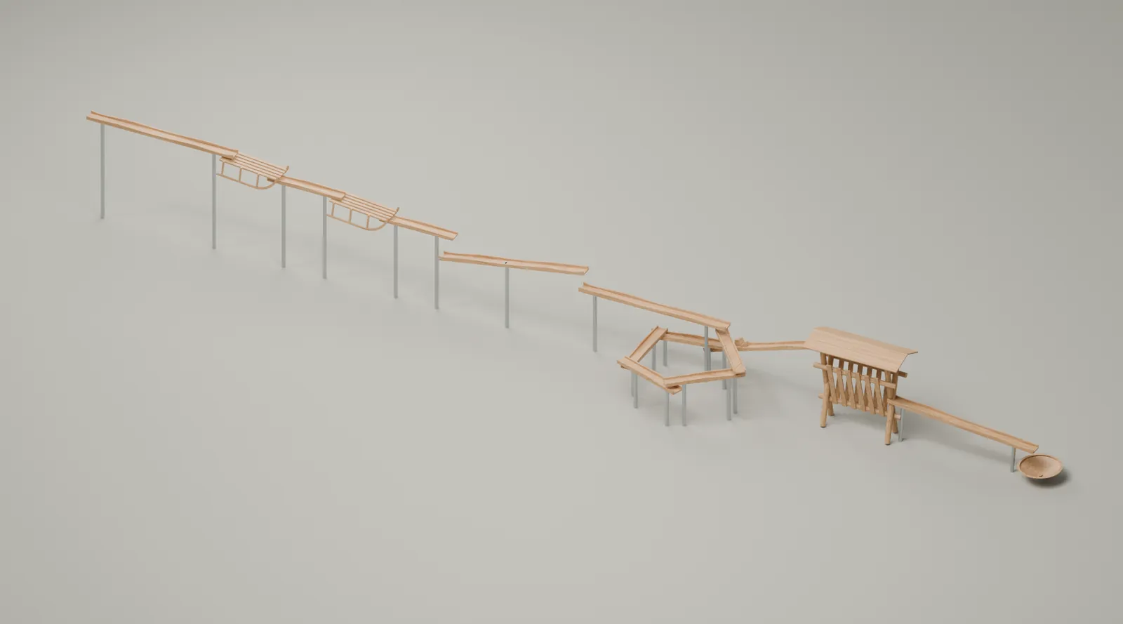 Tekening van dezelfde baan: twee sleetjes, de vijfhoek, het overkapte rek en de schaal