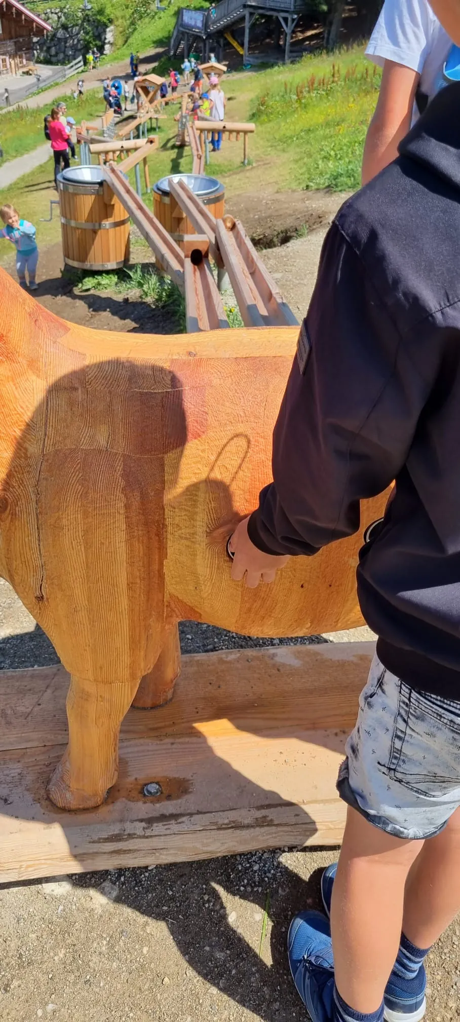 Over de schouder van Jinne, die zijn bal in een houten koe steekt, bovenaan een houten knikkerbaan die langs een berghelling in Oostenrijk naar beneden loopt